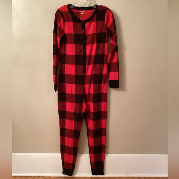 OLD NAVY SIZE MEDIUM THERMAL ONE PIECE RED BUFFALO PLAIID XMAS PJS PAJAMAS - Picture 3 of 7